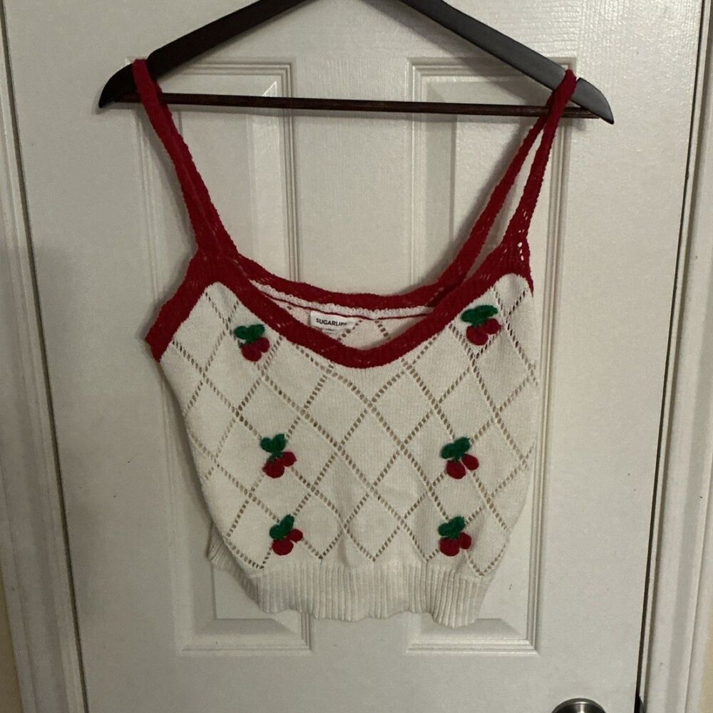 Sugarlips Knit Cropped Tank Top White Red Green Embroidered Straps Scoop Neck L
